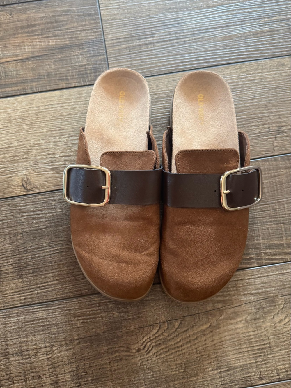 Old Navy Brown Suede Mule Clogs with Dark Brown Strap and Gold Buckle